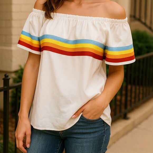 Entro White Summer Pride Festival Off-the-Shoulder Rainbow Ruffle Top - Size S - Picture 1 of 9